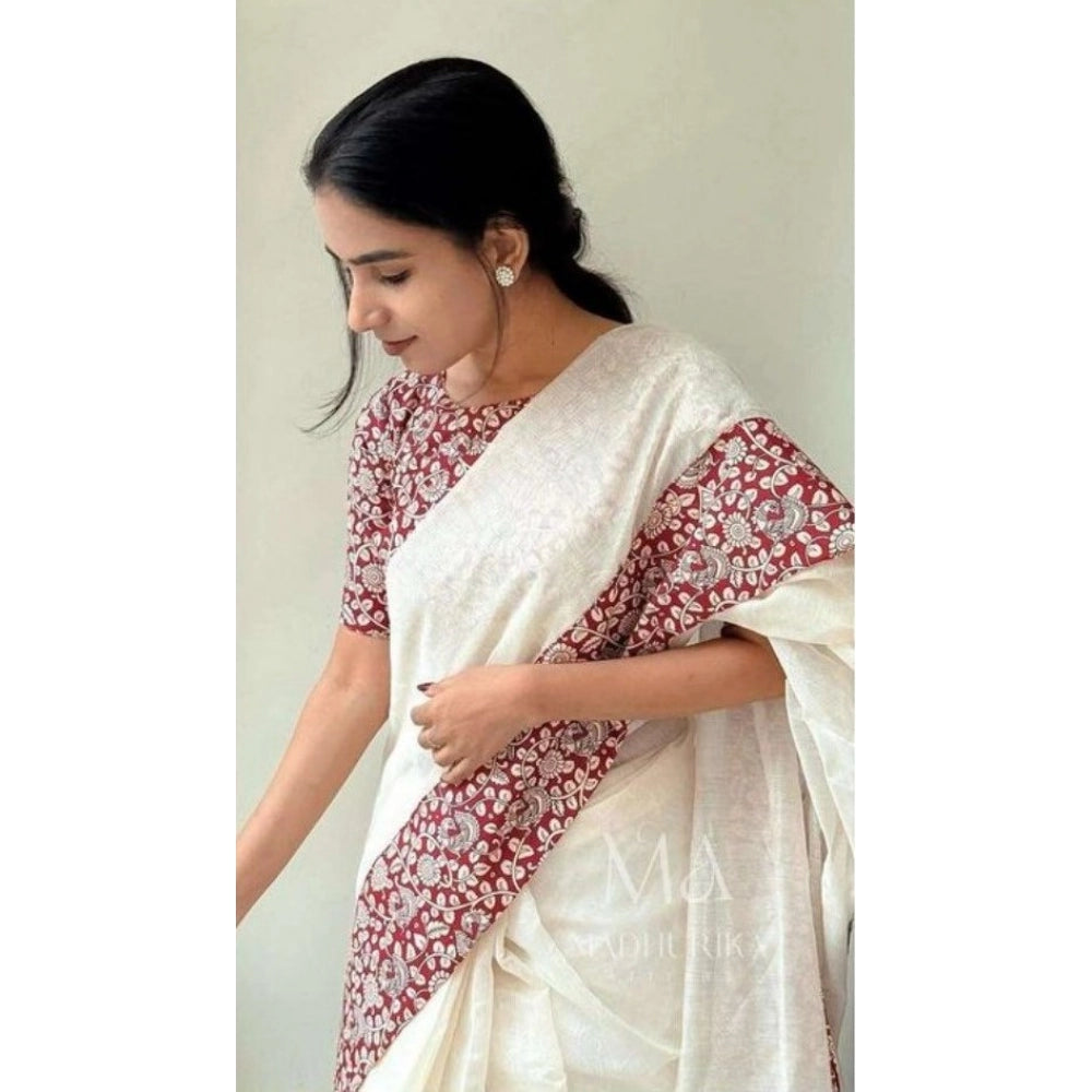 Women's Linen Printed Saree With Unstitched Blouse 5.5 Mtr (White)