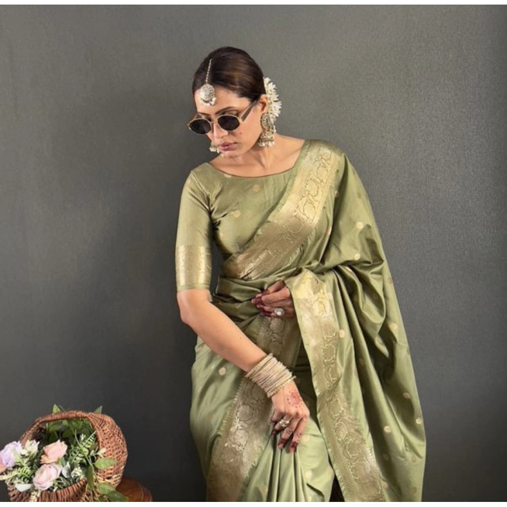 Women's Satin Printed Saree With Unstitched Blouse 5.5 Mtr (Green)