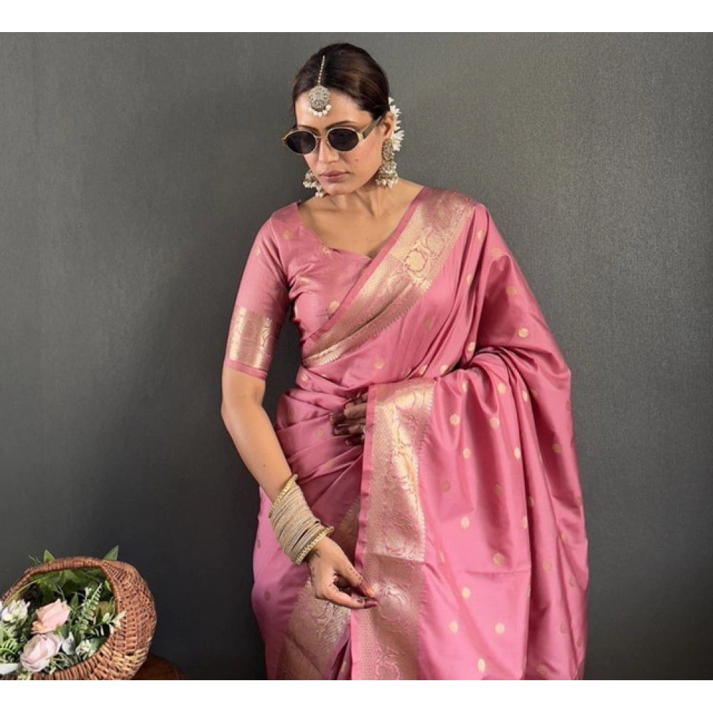 Women's Satin Printed Saree With Unstitched Blouse 5.5 Mtr (Pink)