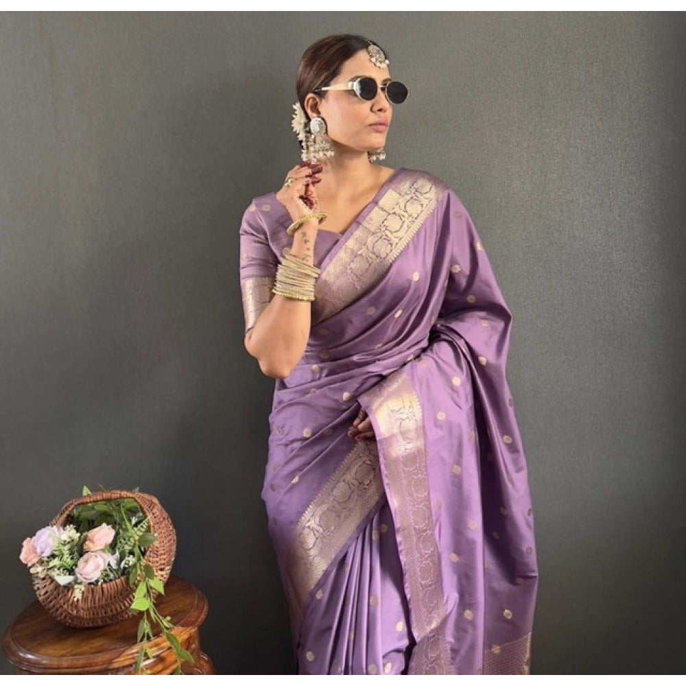 Women's Satin Printed Saree With Unstitched Blouse 5.5 Mtr (Purple)