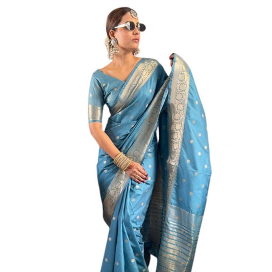 Women's Satin Printed Saree With Unstitched Blouse 5.5m (light Blue)