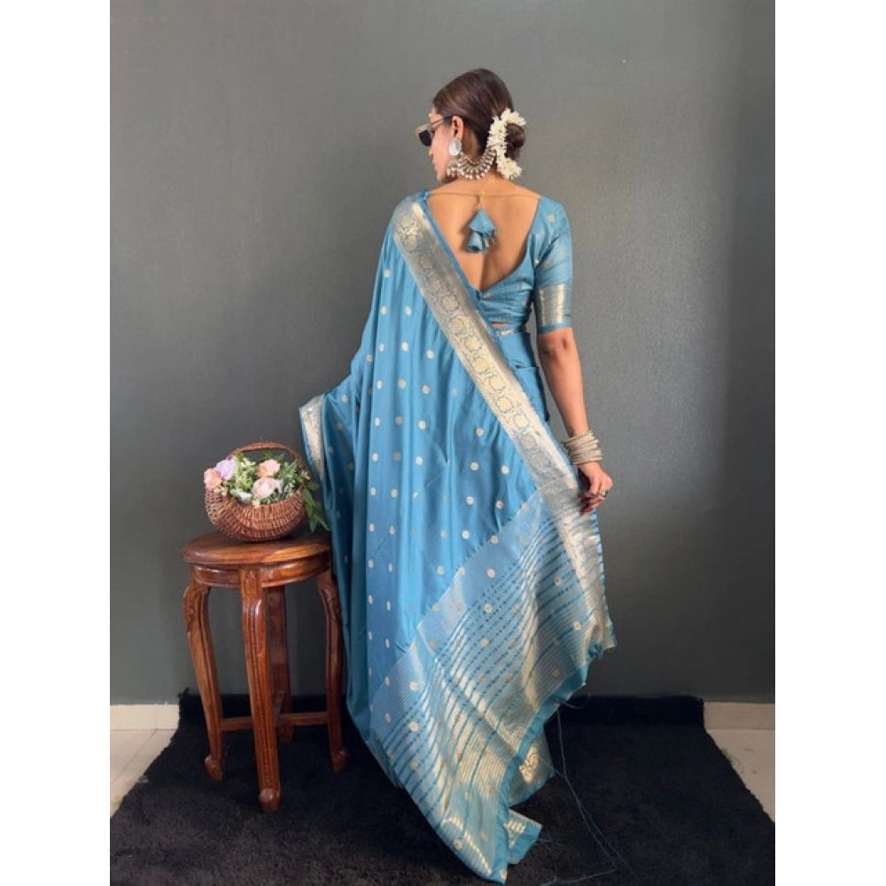 Women's Satin Printed Saree With Unstitched Blouse 5.5 Mtr (light Blue)