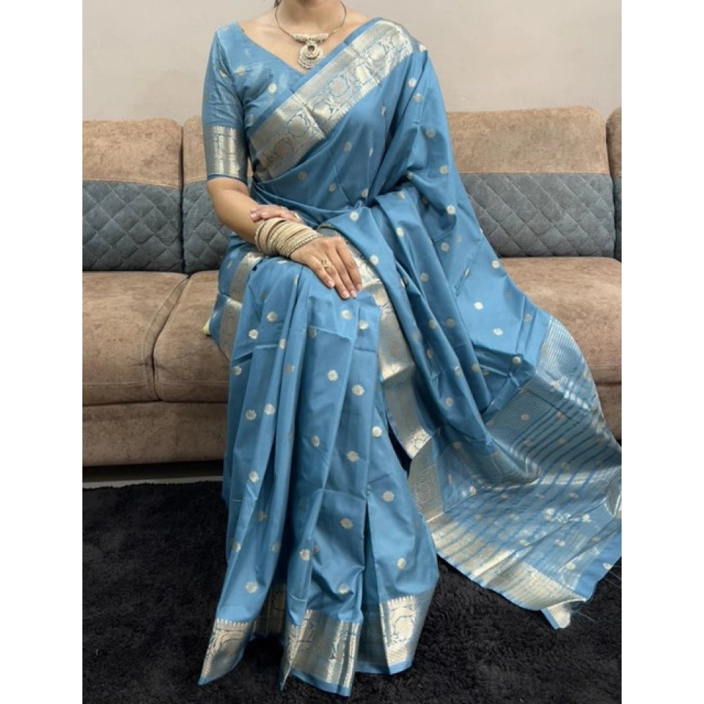 Women's Satin Printed Saree With Unstitched Blouse 5.5 Mtr (light Blue)