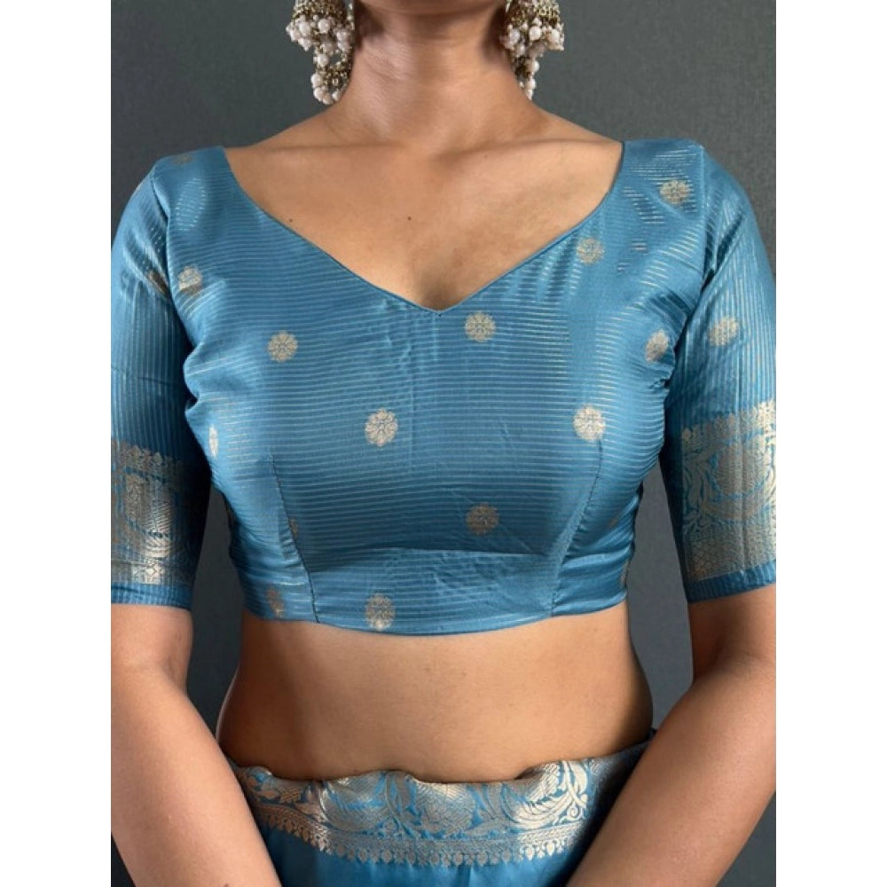 Women's Satin Printed Saree With Unstitched Blouse 5.5 Mtr (light Blue)
