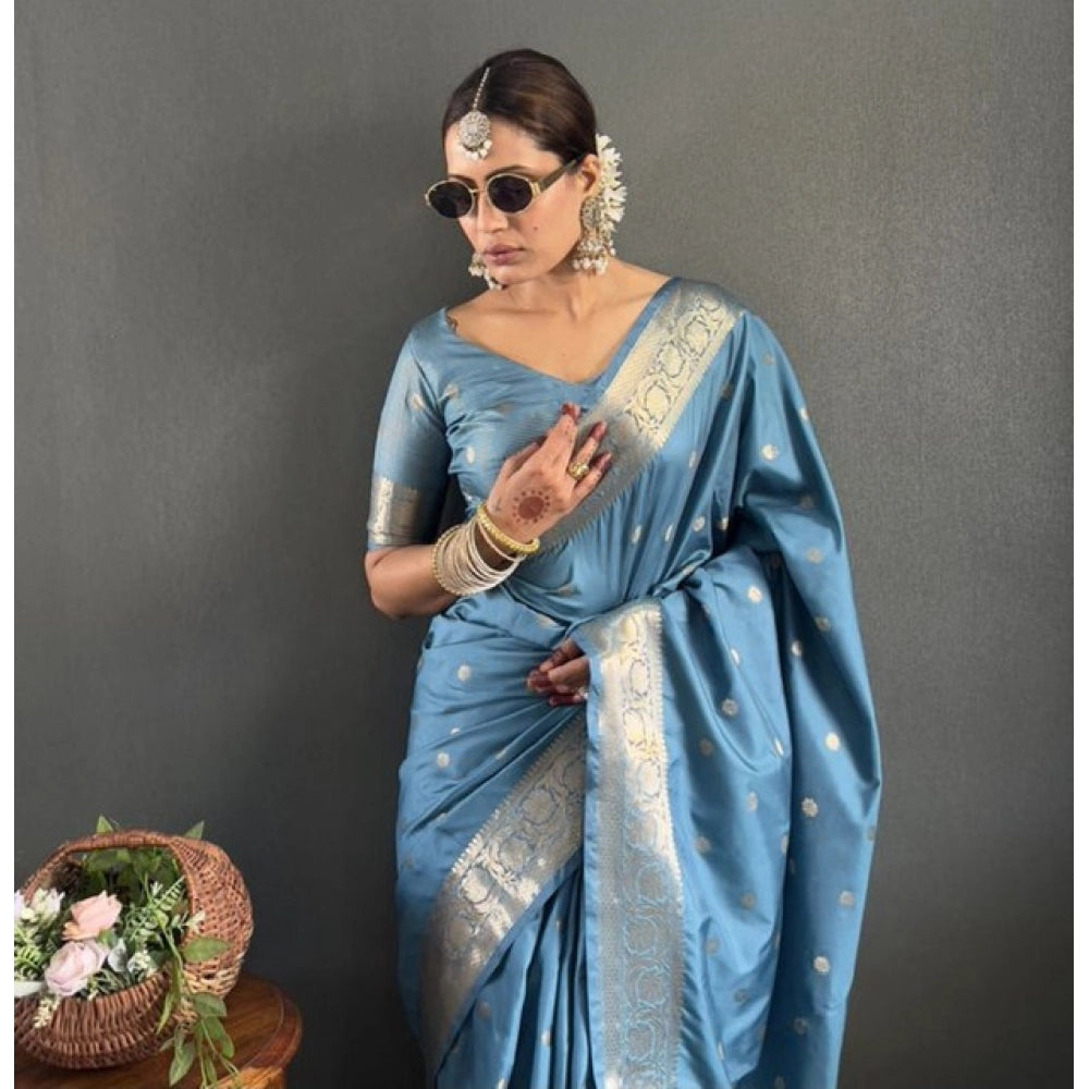 Women's Satin Printed Saree With Unstitched Blouse 5.5 Mtr (light Blue)