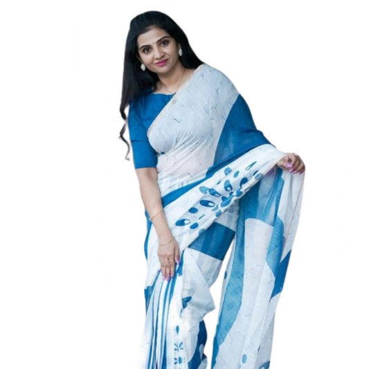 Women's Linen Printed Saree With Unstitched Blouse 5.5m (White)