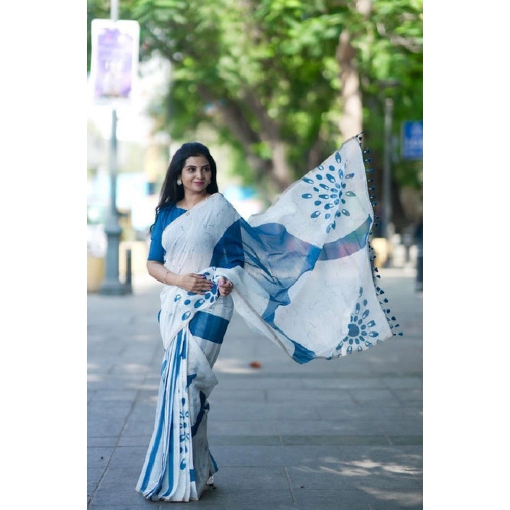 Women's Linen Printed Saree With Unstitched Blouse 5.5 Mtr (White)