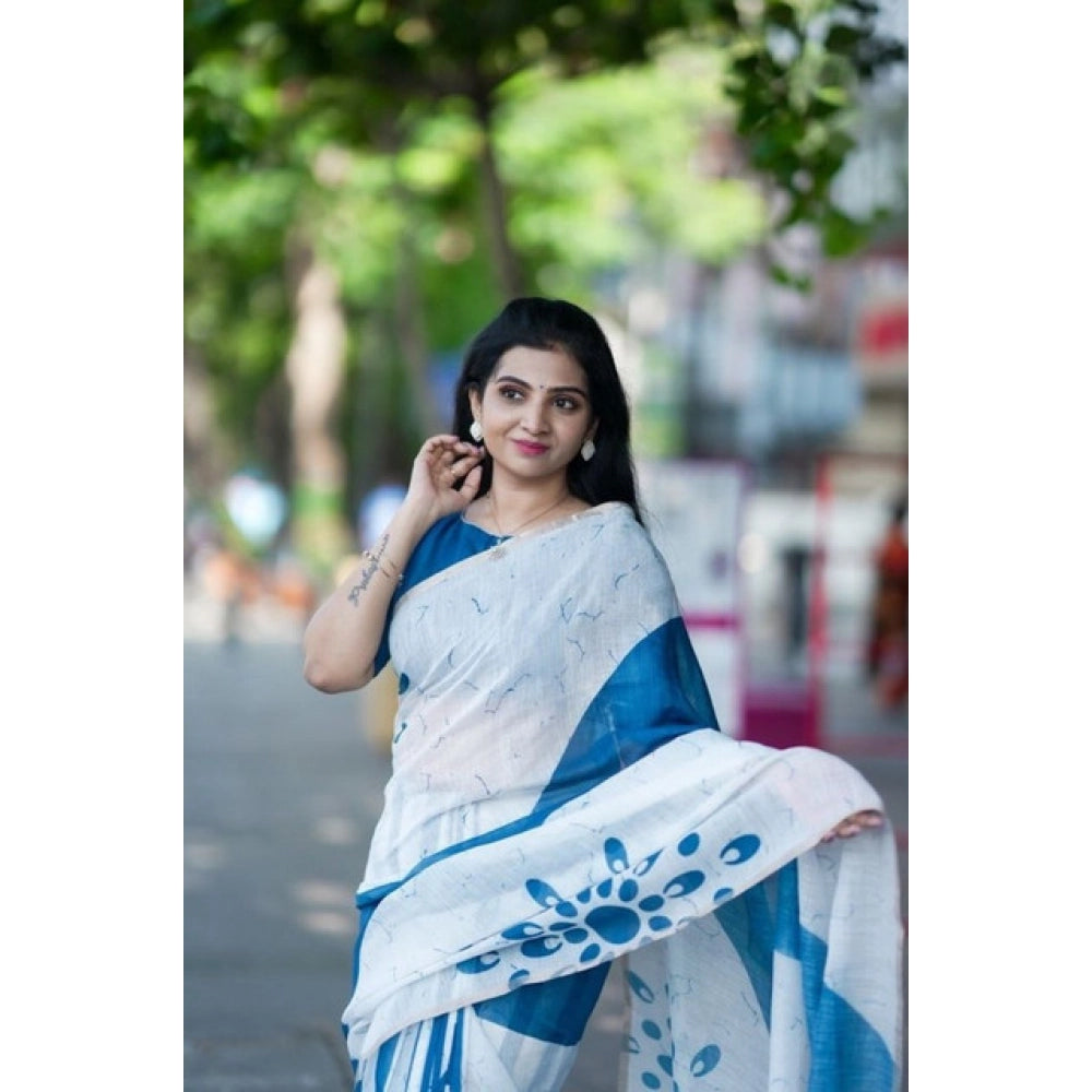 Women's Linen Printed Saree With Unstitched Blouse 5.5 Mtr (White)