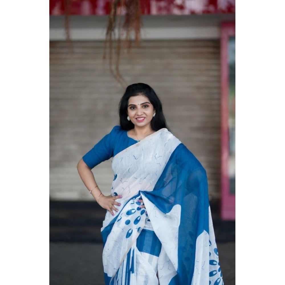 Women's Linen Printed Saree With Unstitched Blouse 5.5 Mtr (White)