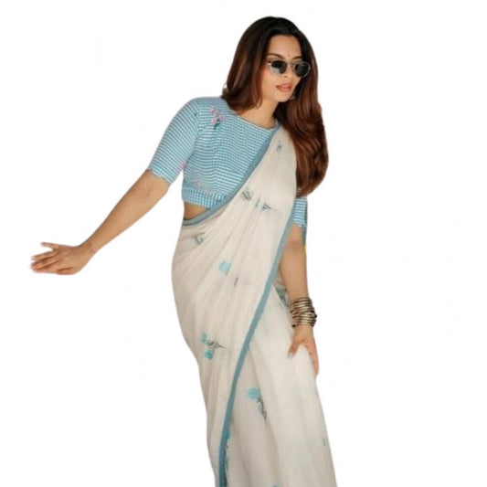 Women's Linen Printed Saree With Unstitched Blouse 5.5m (White)