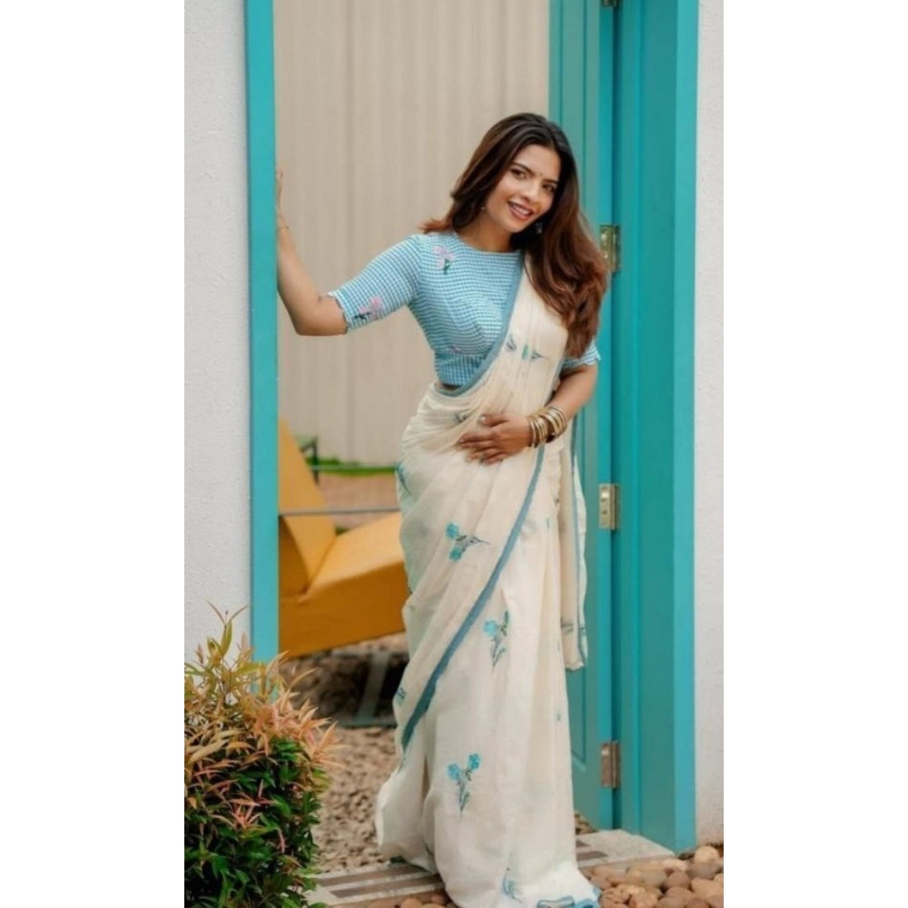 Women's Linen Printed Saree With Unstitched Blouse 5.5 Mtr (White)
