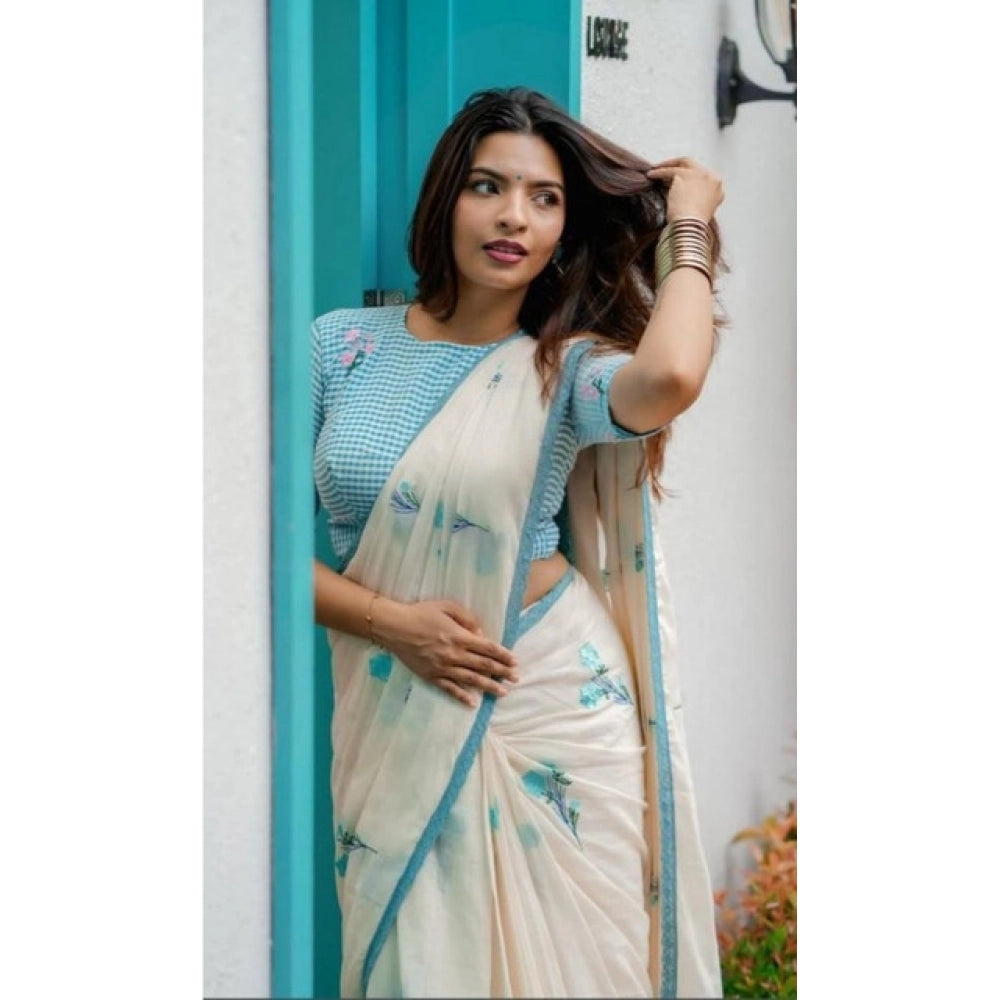 Women's Linen Printed Saree With Unstitched Blouse 5.5 Mtr (White)