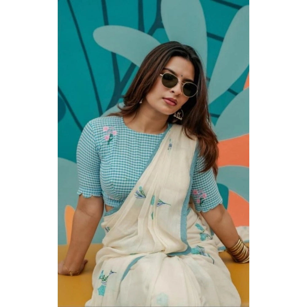 Women's Linen Printed Saree With Unstitched Blouse 5.5 Mtr (White)