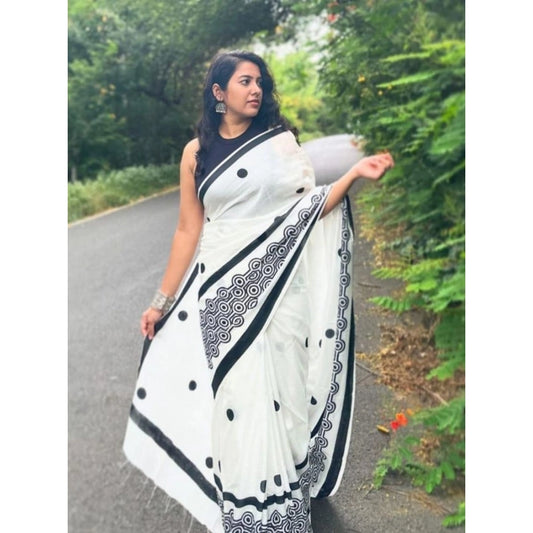 Women's Linen Printed Saree With Unstitched Blouse 5.5m (White)