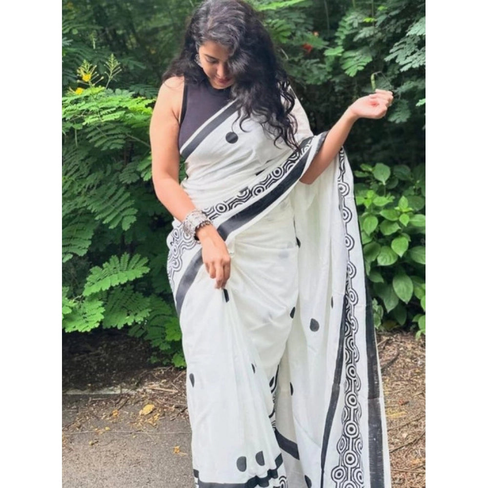 Women's Linen Printed Saree With Unstitched Blouse 5.5 Mtr (White)