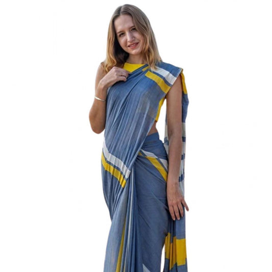 Women's Linen Printed Saree With Unstitched Blouse 5.5m (Blue)