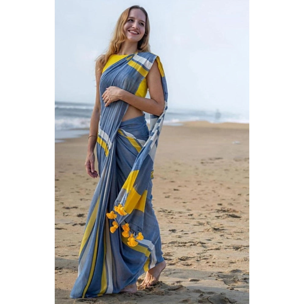 Women's Linen Printed Saree With Unstitched Blouse 5.5 Mtr (Blue)