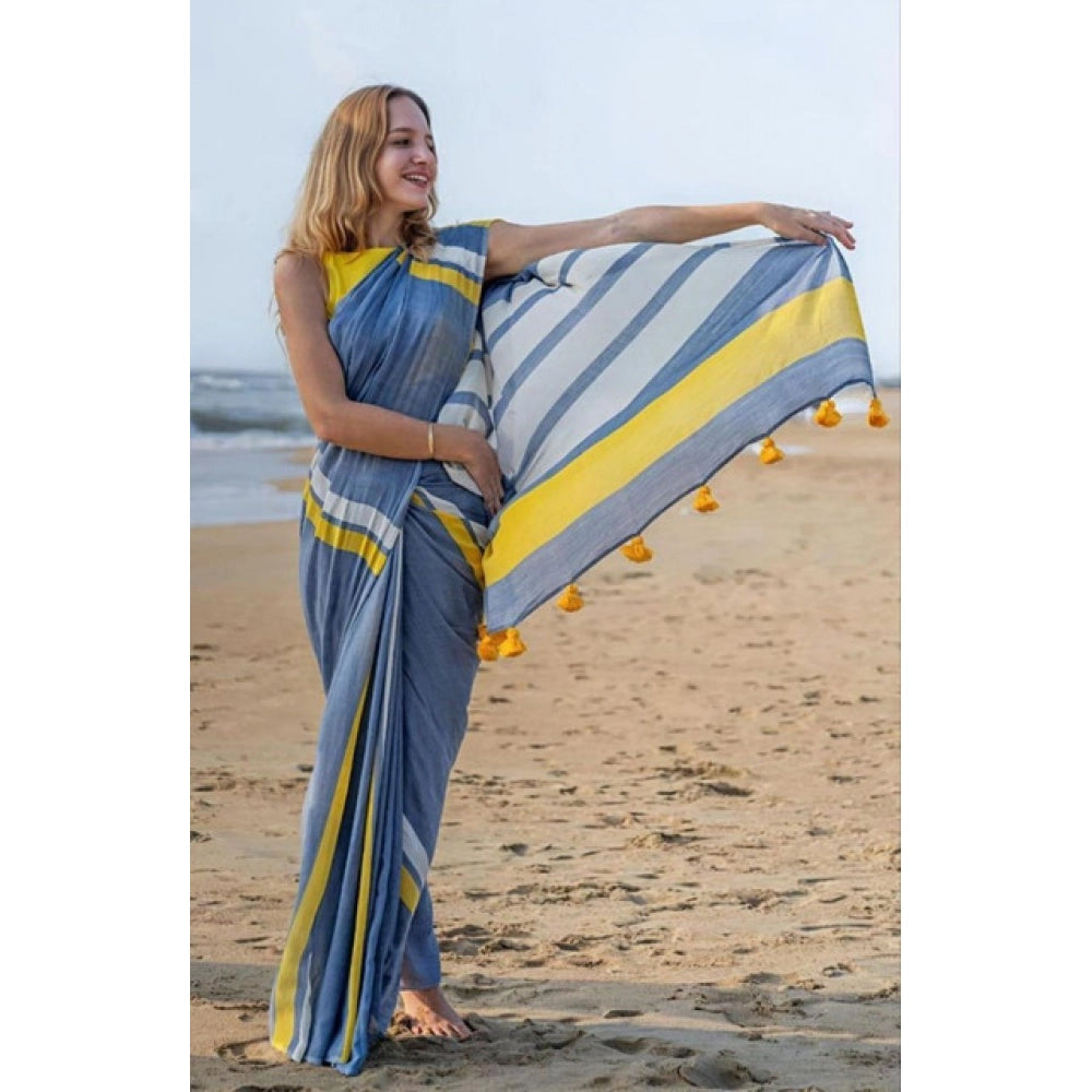 Women's Linen Printed Saree With Unstitched Blouse 5.5 Mtr (Blue)