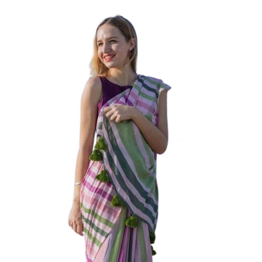 Women's Linen Printed Saree With Unstitched Blouse 5.5m (Pink)