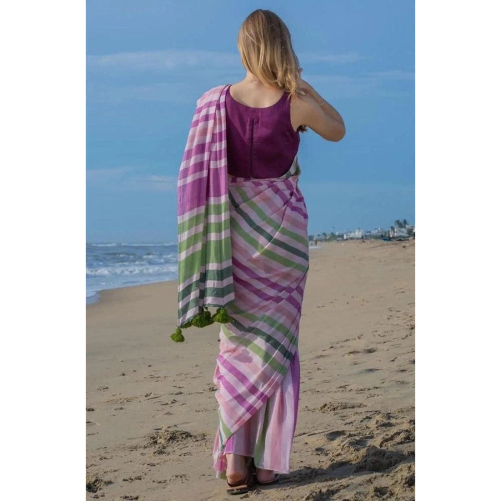 Women's Linen Printed Saree With Unstitched Blouse 5.5 Mtr (Pink)
