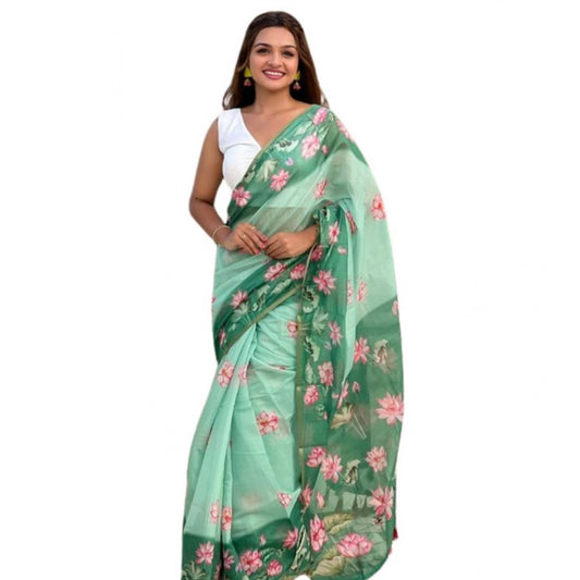 Women's Linen Printed Saree With Unstitched Blouse 5.5m (Green)
