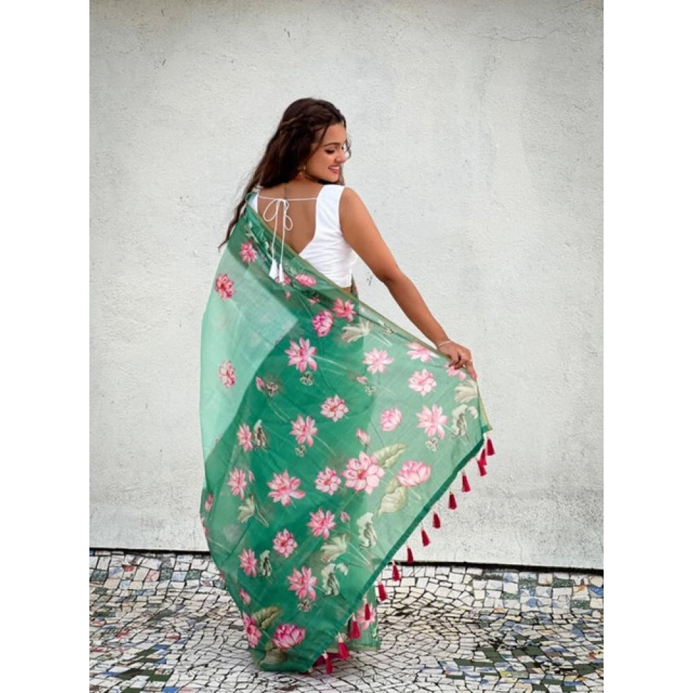 Women's Linen Printed Saree With Unstitched Blouse 5.5 Mtr (Green)