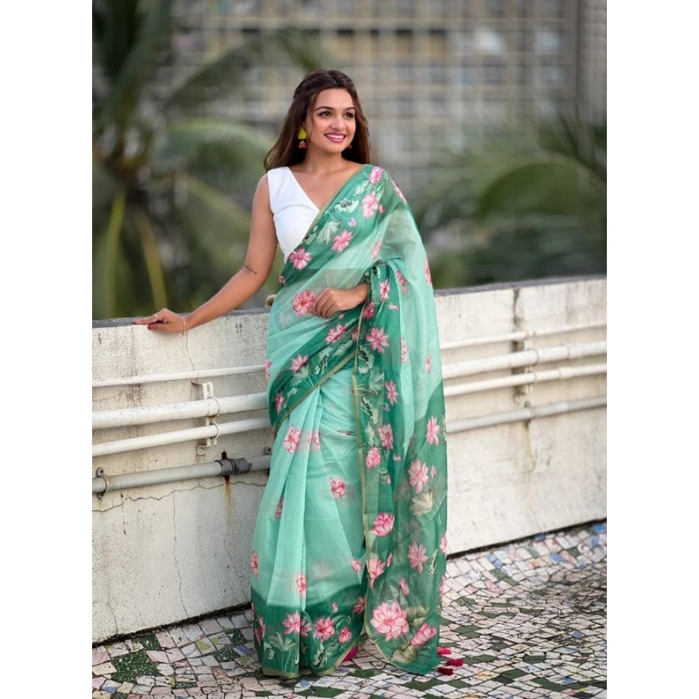 Women's Linen Printed Saree With Unstitched Blouse 5.5 Mtr (Green)