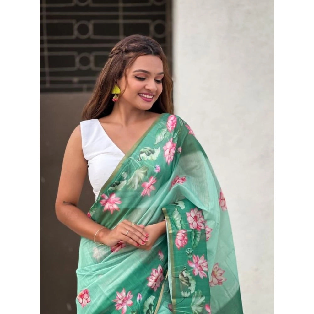 Women's Linen Printed Saree With Unstitched Blouse 5.5 Mtr (Green)