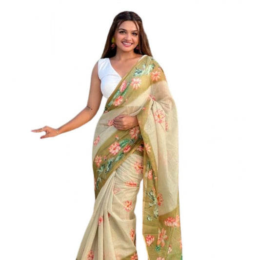Women's Linen Printed Saree With Unstitched Blouse 5.5m (Mahendi)