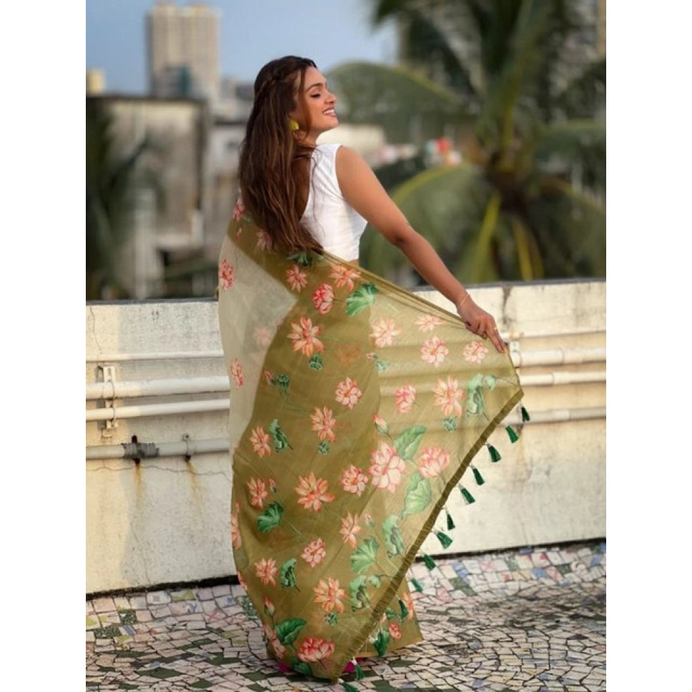 Women's Linen Printed Saree With Unstitched Blouse 5.5 Mtr (Mahendi)