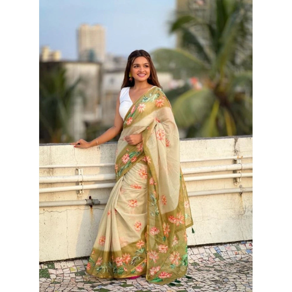 Women's Linen Printed Saree With Unstitched Blouse 5.5 Mtr (Mahendi)