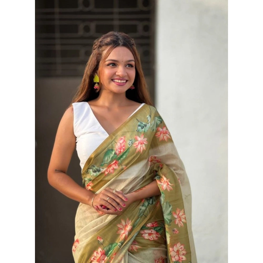 Women's Linen Printed Saree With Unstitched Blouse 5.5 Mtr (Mahendi)