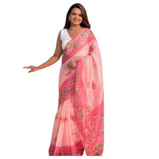 Women's Linen Printed Saree With Unstitched Blouse 5.5m (Pink)