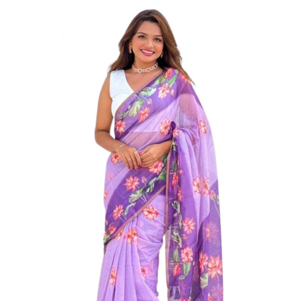 Women's Linen Printed Saree With Unstitched Blouse 5.5 Mtr (Purple)