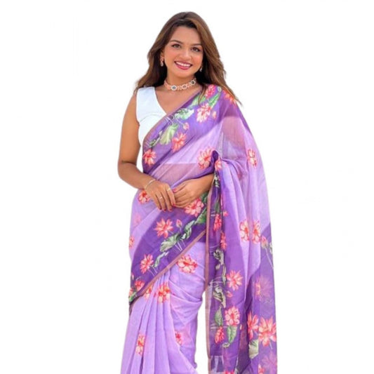 Women's Linen Printed Saree With Unstitched Blouse 5.5m (Purple)