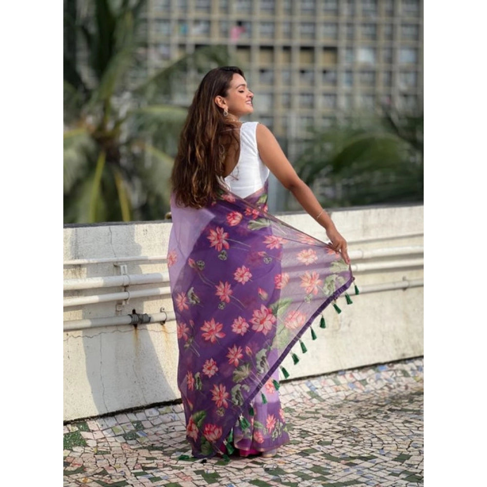Women's Linen Printed Saree With Unstitched Blouse 5.5 Mtr (Purple)