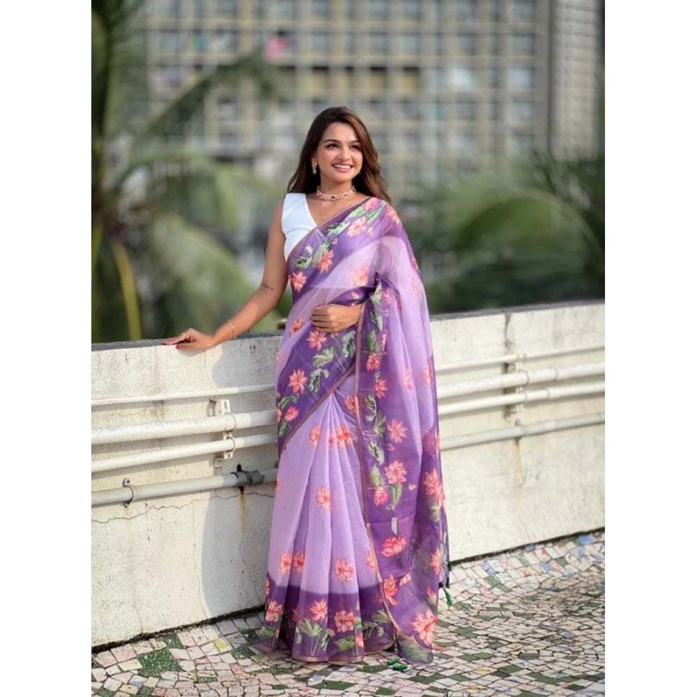 Women's Linen Printed Saree With Unstitched Blouse 5.5 Mtr (Purple)