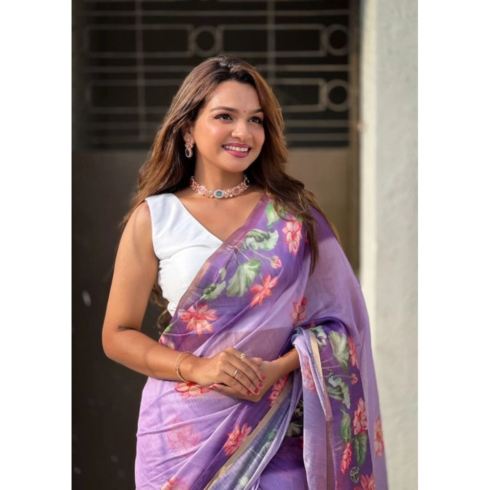 Women's Linen Printed Saree With Unstitched Blouse 5.5 Mtr (Purple)