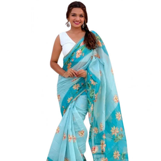 Women's Linen Printed Saree With Unstitched Blouse 5.5m (Aqua)