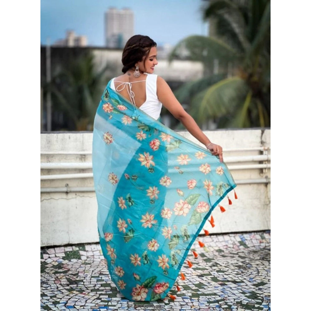 Women's Linen Printed Saree With Unstitched Blouse 5.5 Mtr (Aqua)
