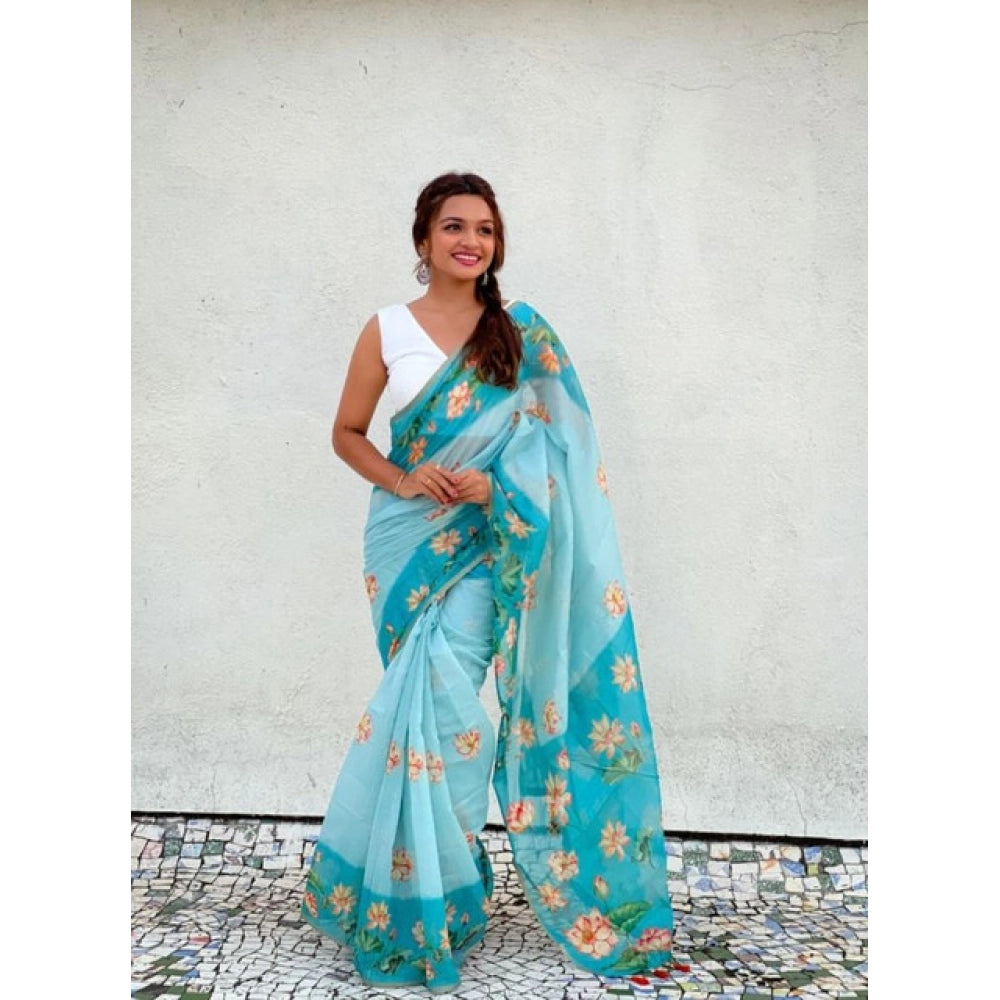 Women's Linen Printed Saree With Unstitched Blouse 5.5 Mtr (Aqua)