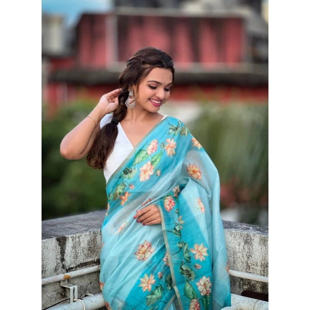 Women's Linen Printed Saree With Unstitched Blouse 5.5 Mtr (Aqua)
