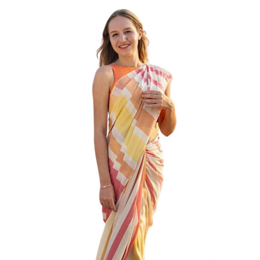 Women's Linen Printed Saree With Unstitched Blouse 5.5m (Yellow)
