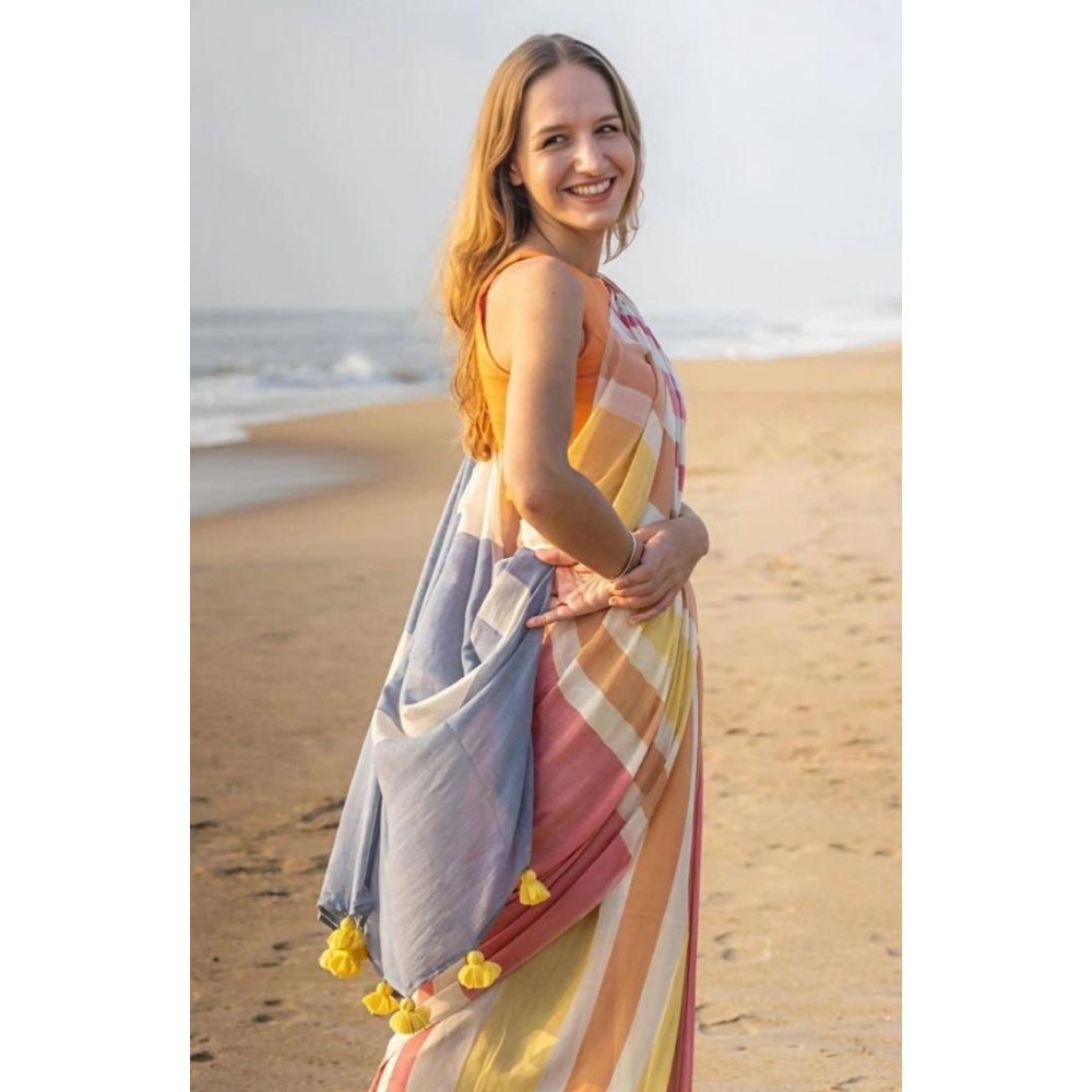 Women's Linen Printed Saree With Unstitched Blouse 5.5 Mtr (Yellow)