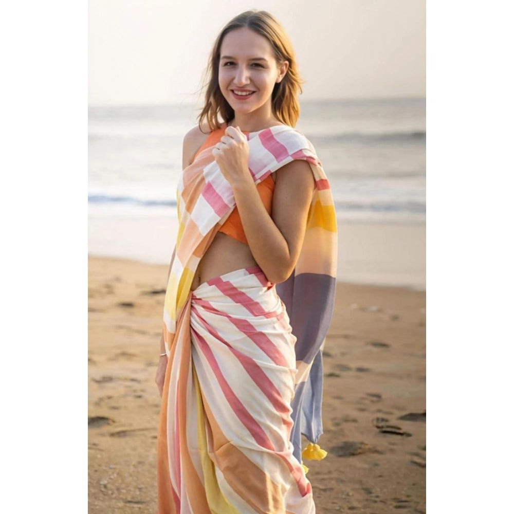 Women's Linen Printed Saree With Unstitched Blouse 5.5 Mtr (Yellow)