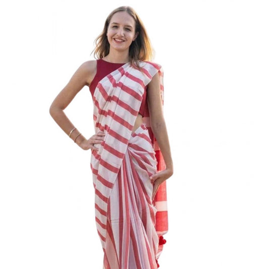 Women's Linen Printed Saree With Unstitched Blouse 5.5m (Red)