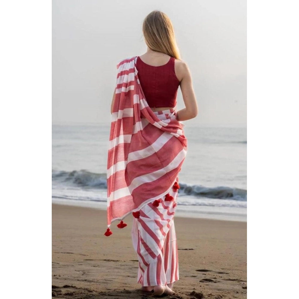 Women's Linen Printed Saree With Unstitched Blouse 5.5 Mtr (Red)