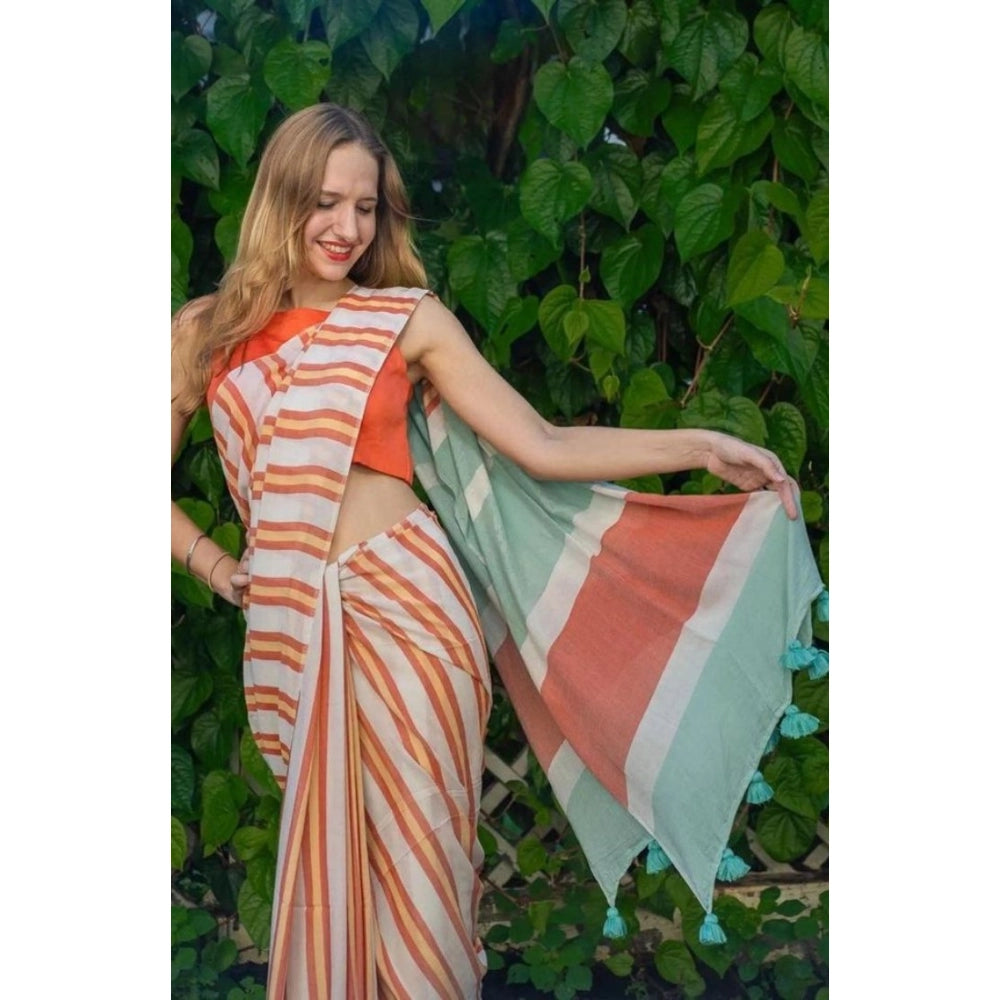 Women's Linen Printed Saree With Unstitched Blouse 5.5 Mtr (Orange)