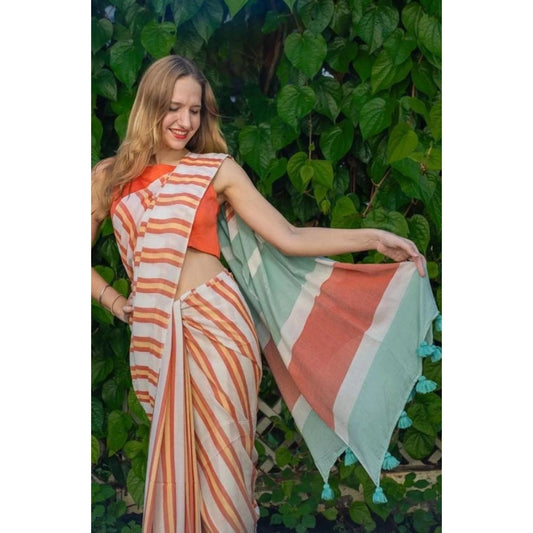 Women's Linen Printed Saree With Unstitched Blouse 5.5m (Orange)