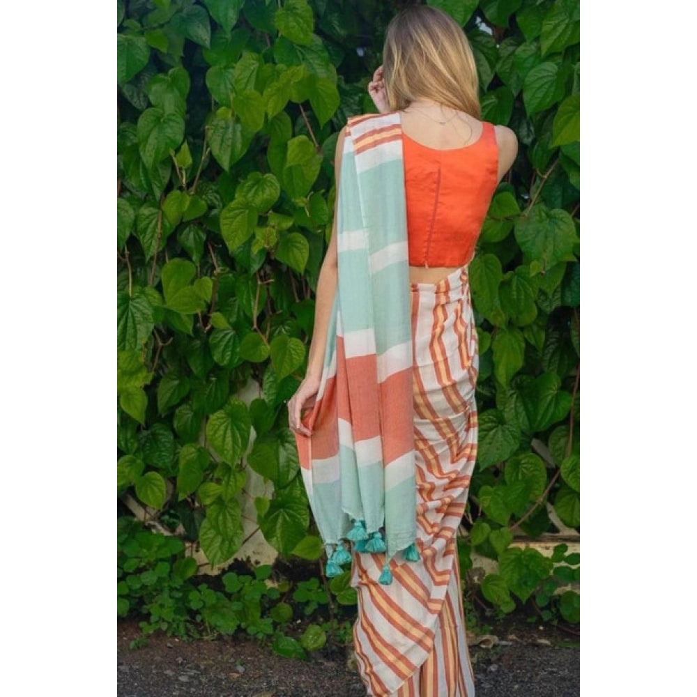 Women's Linen Printed Saree With Unstitched Blouse 5.5 Mtr (Orange)